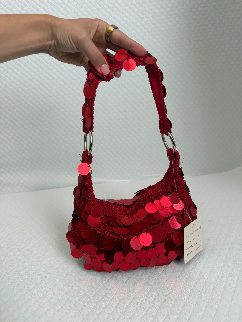 VTG Y2K NEW Red Sequin Crochet Mini Bag Boho Festival Shoulder Purse Deadstock
